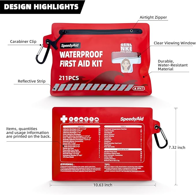 211 PCS Waterproof First Aid Kit, IPX7 Rated Dry Bag with Airtight Zipper, Portable Emergency Medical Supplies for Hiking, Boating, Swimming, Camping & Outdoor Activities