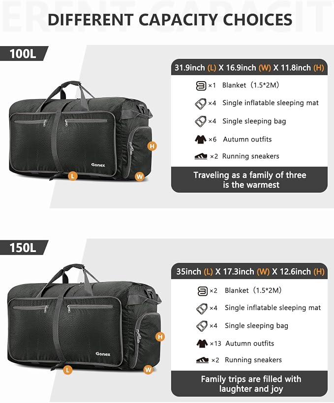 Gonex Large Foldable Travel Duffle Bag with Shoes Compartment, Packable Lightweight Water Repellent Duffel Bag for Camping Gym Weekender Bag
