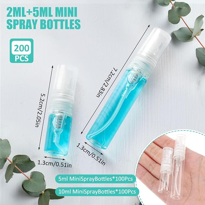 Zhehao 200 Pcs Mini Spray Bottles 2 ml, 5 ml Clear Glass Perfume Bottles Refillable Fine Mist Perfume Atomizer Portable Empty Sample Containers for Cleaning, Essential Oils, Travel (Clear Cap)
