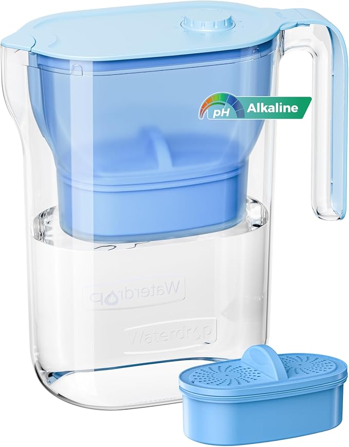 Waterdrop PT-05B-AL Alkaline Water Filter Pitcher, 7-Cup, Mineralized Alkaline Water, Healthy, Clean & Toxin-Free, Up to 100 Gallons, Up to pH 9.5, BPA-Free, for Fridge, Countertop & Gift, Blue