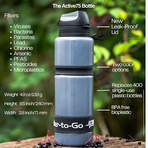 Water-to-Go Water Filter Bottle for International Travel - 24oz/75cl Filtered Water Bottle for Portable Purification - Eco-Friendly Bioplastic, New Leak-Proof Lid, Filters Viruses Most Bottles Miss