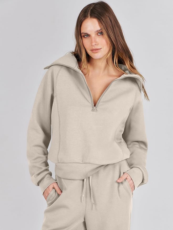 ANRABESS Women’s 2 Piece Outfits Half Zip Sweatshirt & Wide Leg Pants Airport Travel Lounge Matching Sets Sweatsuits Clothing