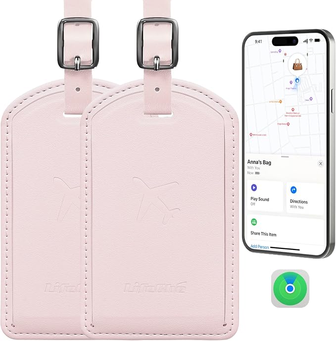 Luggage Tags Built-in Anti-Loss Tracker, Luxury Leather Luggage Tags for Suitcase, Travel Bags, Backpacks, Travel Organizer for Lost Baggage Prevention (Pink*2 Pack)