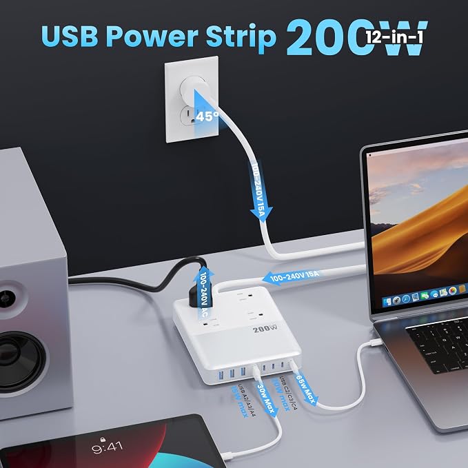 12-in-1 Charging Station USB C Power Strip with 5ft Cord,200W GaN IV USB C Charger Block,4 AC Outlets,8 USB for MacBook,iPhone 16/15/14,Fast Charging Desktop Charger for Office (Matte White)