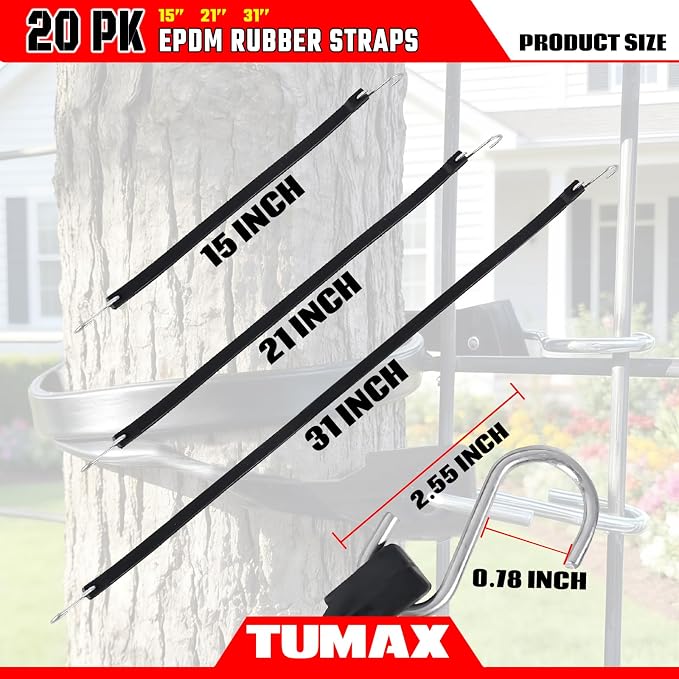 20PCS Rubber Tarp Straps Assorted Sizes with 150% Max Stretch, 100% EPDM Bungee Cords with Hooks, Ideal for Securing Tarps, Cargo, Canvases, 15", 21", 31"