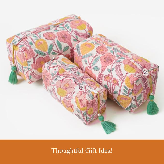 Saffron Marigold Quilted Makeup Bag Set of 3, Hand Block Printed Cotton Cosmetic Bags for Women, Waterproof Lined Travel Toiletry Bag, Coquette Floral Aesthetic, Handmade Gift, Sunspell Garden