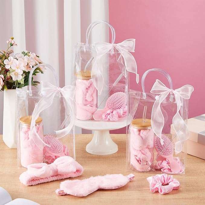 49 Pcs Spa Sleepover Party Supplies for Girls, 8 Set Spa Party Favors, Include Cups, Hairbands, Sleep Eye Mask, Headband, Brush, Tote Bags with Ribbon for Pink Sleepover Birthday Favors