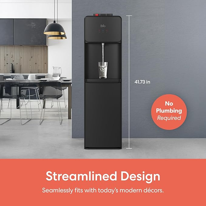 Brio 130 Series Bottom Load Water Cooler Dispenser for 5 Gallon Bottles, Hot, Room & Cold, Great for Home or Office, Child Safety Lock, Empty Bottle Alert, Energy Star 3.0, Black