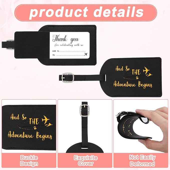 Sweetude 48 Sets Bulk Luggage Tags Wedding Favors and So The Adventure Begins Leather Luggage Tags for Suitcases with Name Card for Travel Themed Bridal Shower Graduation Party Favor(Black, White)