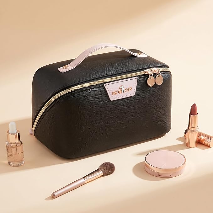 Travel Makeup Bag for Women: 3-in-1 Large Capacity Cosmetics Organizer with 2 Detachable Pouch - Vegan Leather Flat Open Toiletry Bag - Portable Travel Essentials for Full-Sized Bottles-Black