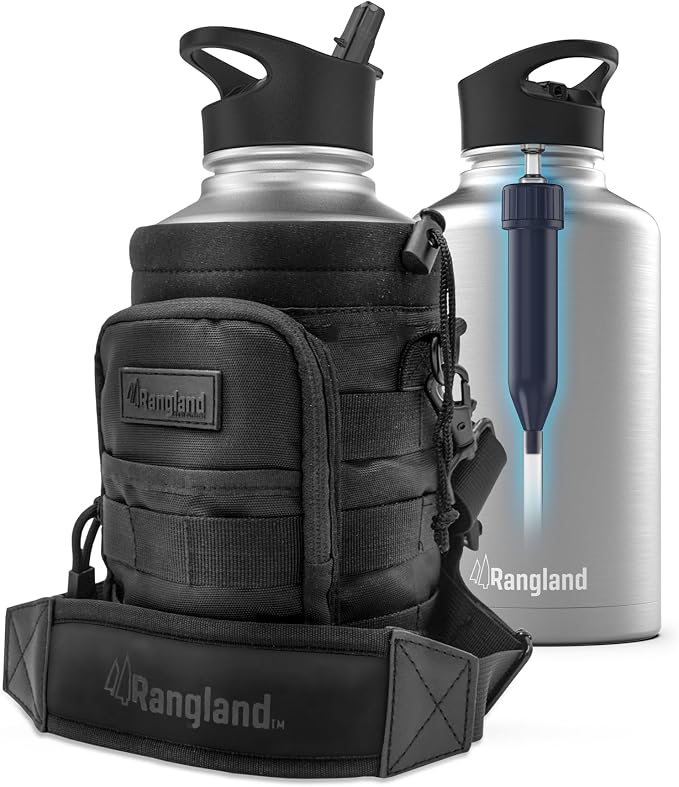 Filtered Half Gallon Water Bottle with Straw Lid - Large Insulated Bottle with Filter System, Includes Carrier Bag with Padded Shoulder Strap, 64oz (Stainless Steel)
