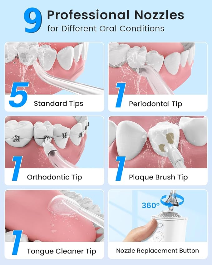 VIMMK Water Flosser, Cordless Water Dental Flosser, 9 Jet Tips 5 Modes 300ML IPX7 Waterproof, Portable Rechargeable Oral Irrigator for Home Travel - Gums, Orthodontic, Braces Care (White)