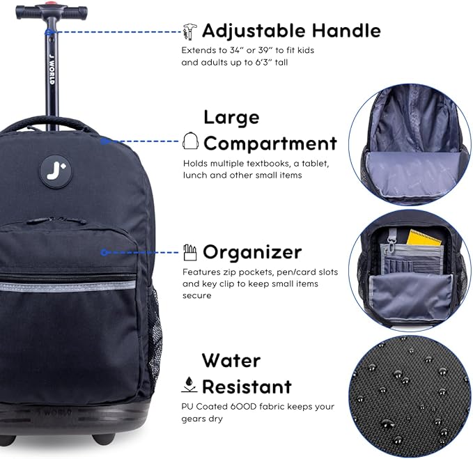 J World New York Sunrise Rolling Backpack, Black, One Size