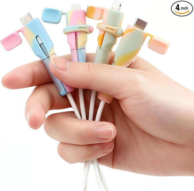 4PCS (2 Sets) Charger Cable Protector - Silicone Non-Slip Cord Saver Compatible with Lightning & USB-C Type-C Cables, 2-in-1 Dustproof Organizer and Protection, Multicolor Wire Protector for Home