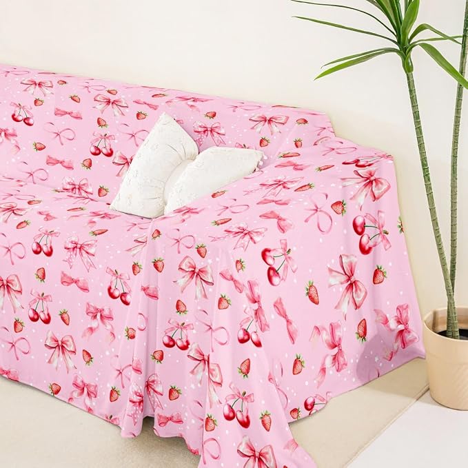 Pink Cherry Bow Sofa Slipcover Strawberry Non Slip Fuzzy Pet Couch Covers for Sofa,Cute Ribbon Bowknot Kawaii Fruit Princess Bow Tie Sofa Cover Furniture Protector Couch Soft for Kids,71" x 102"