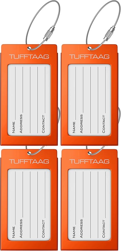 Luggage Tags Business Card Holder by TUFFTAAG - Durable Travel ID Bag Tag, Amber, 4 Pack