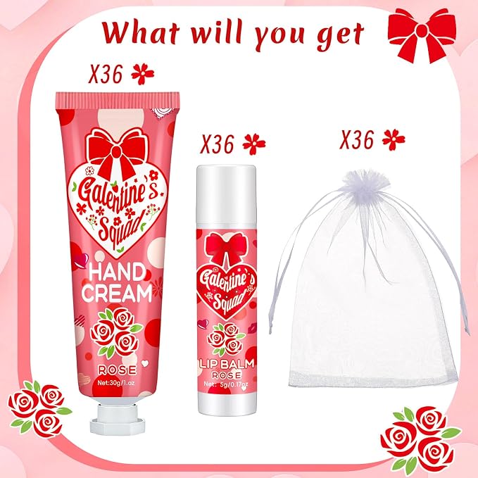 Demissle 36 Sets Galentine's Day Gifts Bulk 36 Lip Balm and 36 Hand Cream Gift Set Galentine's Day Party Favors Supplies Valentines Gift Ideas for Adults Friends Women Teacher Staff Coworker