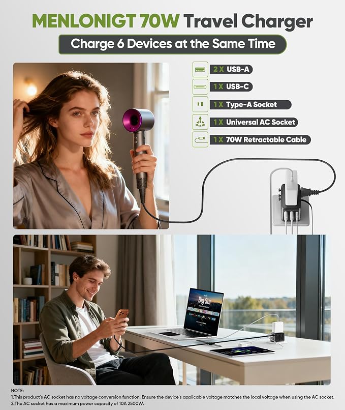 70W GaN Universal Travel Adapter with Retractable USB-C Cable, Fast Wall Charger for MacBook Pro/Air, Laptops, 6-in-1 International Plug for US/UK/EU/AU (Over 200 Countries)