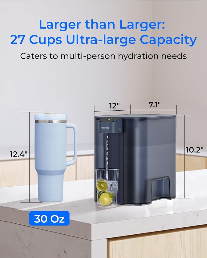 Waterdrop ED04B-L Mega Electric Water Filter Dispenser, Large 27-Cup, 200-Gallon Rechargeable Instant System, NSF/ANSI 42&53&401&372, Reduce PFOA/PFOS, Lead, Chlorine, Does not Lower TDS, Blue