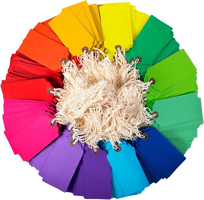 Outus 480 Pcs Manila Tags Rainbow Colors Gift Tags with String Attached Shipping Luggage Paper Tag Hanging Price Label for Christmas DIY Crafts Gift Holiday Party Favors