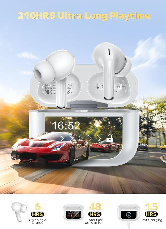 Bucephalus Wireless Earbuds, Bluetooth 5.4 Ear Buds with Smart Touchscreen Case & Noise Cancelling, 48H Playtime, Bass Stereo Sound, Compatible with iPhone/Android, Pad - Pearl White