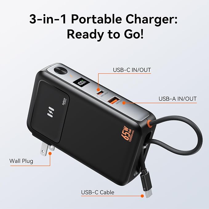 Portable Charger Wall Plug 65W for Laptop, 10000mAh Power Bank Built in Cable, USB-C Phone Battery Pack 35W Fast Charging, Travel Essentials Compatible with iPhone 17 16 15 Samsung iPad MacBook Pro