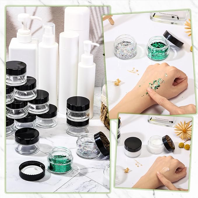 Domensi 100 Pcs 1oz Glass Jars with Lids Bulk Small Glass Salve Tins Cream Container Cosmetic Jars for Travel Balm with Inner Liners for Sample Cream (Clear,Black Lid,Plastic Lid)