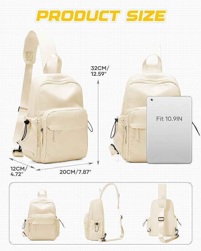 SEAFEW Small Beige Sling Backpack Travel Hiking Daypack, Crossbody Sling Bag with USB Charging Port for Men Women 3 Layer Pockets One Shoulder Bag for Outdoor Sports Casual Commuting