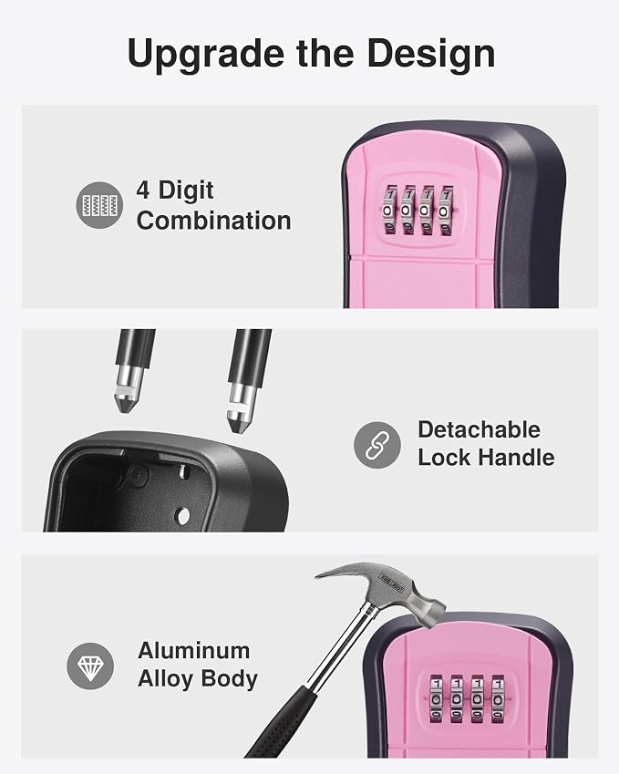 Puroma Key Lock Box, Portable Combination Lockbox Wall-Mounted Key Storage Box for House Keys, Resettable Code Safe Security Lock Box for Home, Office, Apartment Spare Key Storage (1 Pack, Pink)