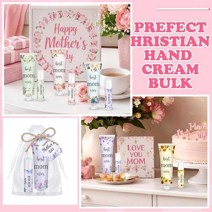 ElaraBerry 24 Sets Best Mom Ever Church Gifts Bulk for Women Birthday Gifts for Mom Hand Cream and Lip Balm Set with Organza Bag Thank You Card Mother Gift Bag Stuffers