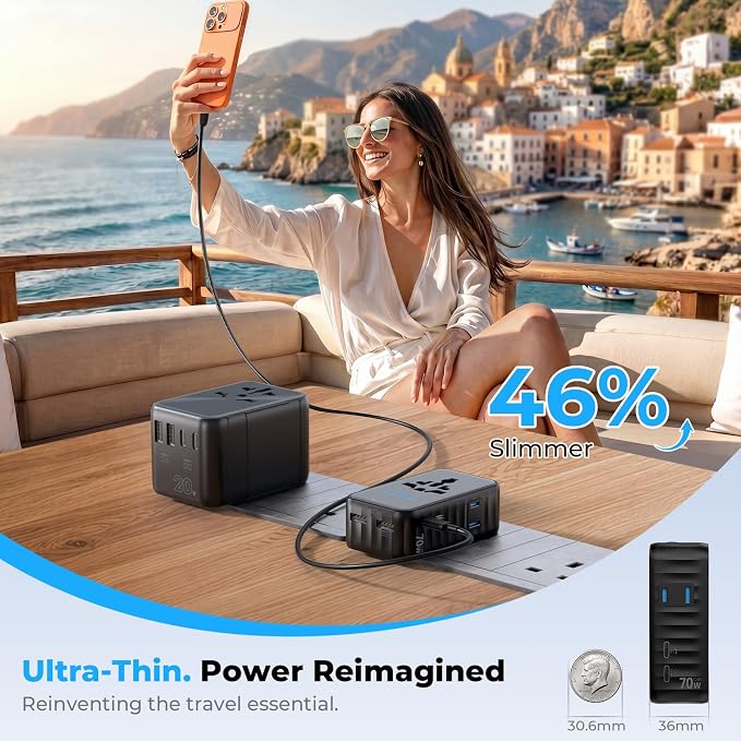 Aura 70W Ultra-Slim Universal Travel Adapter, 36mm Thin 6-in-1 International Plug, PD Fast Power Converter for Phone, iPad, Laptop, Worldwide Charger for EU/UK/AUS/AS/USA (Midnight Black)