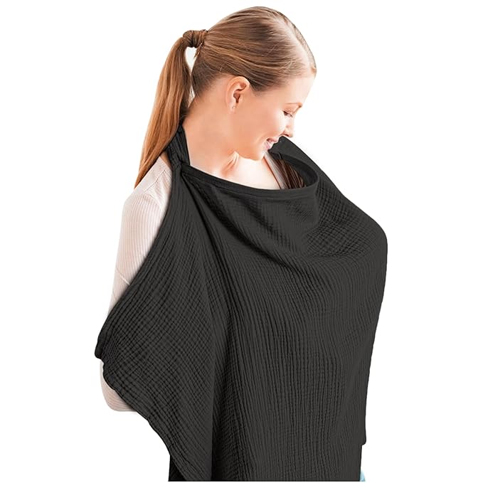 Konssy Muslin Nursing Cover for Baby Breastfeeding, Breathable 100% Cotton Breastfeeding Cover with Rigid Hoop for Mother Nursing Apron, Multi-use Carseat Canopy Canopy (Black)