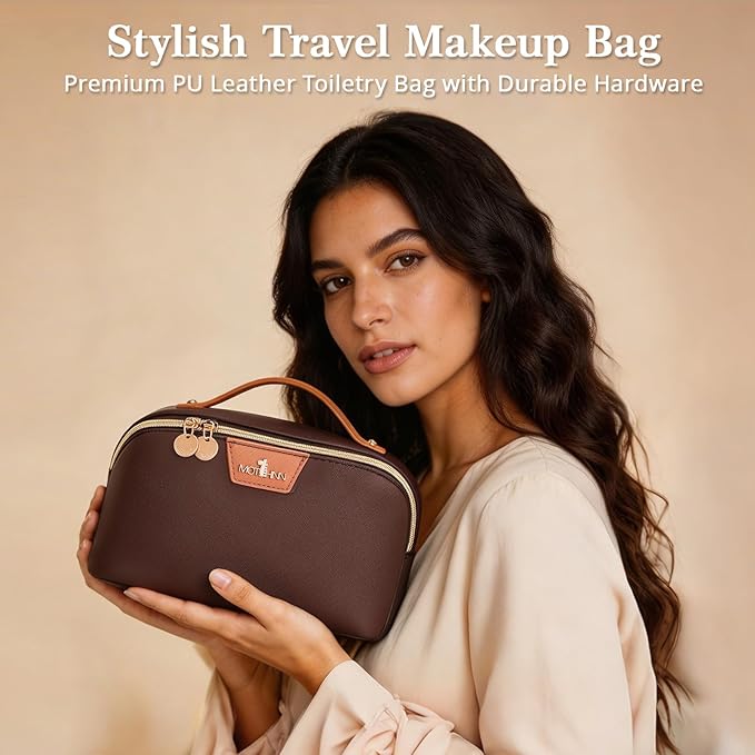 Travel Makeup Bag for Women: 3-in-1 Large Capacity Cosmetics Organizer with 2 Detachable Pouch - Vegan Leather Flat Open Toiletry Bag - Travel Essentials for Full-Sized Bottles(Coffee)