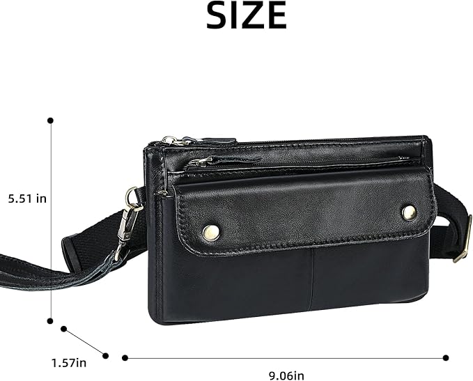 Water Resistant Canvas + Leather Hiking Riding Travel Fanny Waist Pack Small Phone Pouch For Men Women FB811-29 (100% Leather-The 8136 Black)