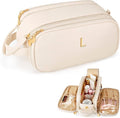 Gifts for Women Teen Girls Large Capacity Initial Travel Makeup Bag, 3-Compartment Cosmetic Organizer with Clear Brush Holders, Large Opening Waterproof Toiletry Bag, Beige,L