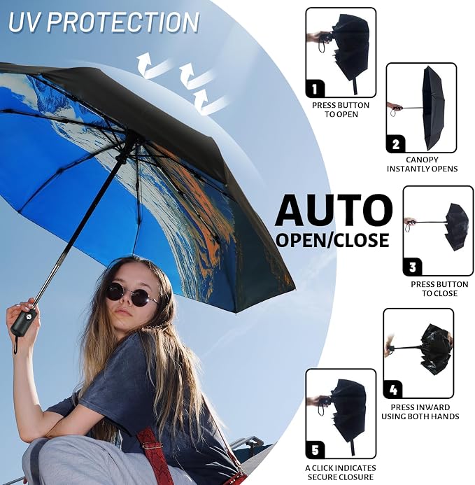SY COMPACT Travel Umbrella - Windproof Automatic Compact Umbrella for Rain, Lightest 8-Rib, Small, Strong & Portable, Durable Grip, Fits Backpack & Car, Factory Direct (UV Available)