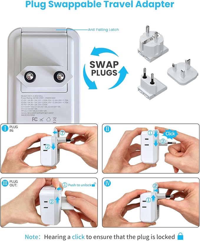 European Travel Plug Adapter Kit, VINTAR PD 35W International Power Adapter with 3 USB Ports (2 USB C) and 4 AC Outlets, Type C,G,E/F Detachable Attachments, Adapters for Europe and UK France Italy