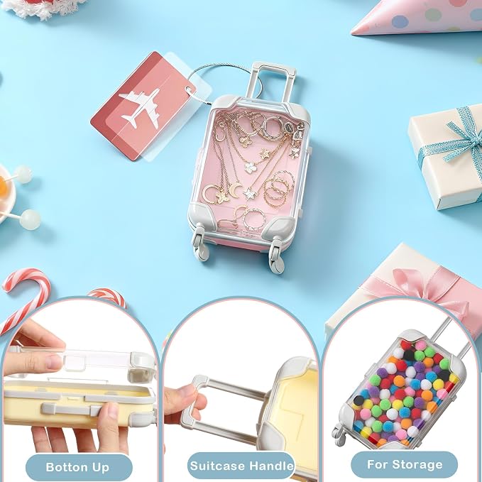 Teecyhooo 20 Pcs Mini Suitcase Party Favor Boxes and 20 Pcs Metal Luggage Tags with Card, Clear Mini Luggage Gift Boxes for Girls Wedding Travel Birthdays (6.5 x 2.8 x 1.4 Inch,Multicolor)