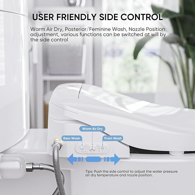 LEIVI Electric Bidet Toilet Seat with Wireless Remote and Side Panel, Multiple Spray Modes, Adjustable Heated Seat, Warm Water and Air Dryer, Auto LED Nightlight, Round