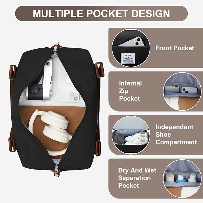 Travel Duffel Bag, 18x14x8 Inches Travel Bag Spirit with Shoes Compartment, Weekender Overnight Bag for Women with Trolley Sleeve, Carry On Bag for Airplanes Sport Tote Gym Bag(Blackbrown)