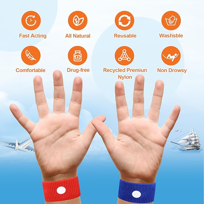 Motion Sickness Bands for Kids, Travel Sickness Relief Wristbands, Anti-Nausea Bands for Morning Car Sea Sickness(Blue/Red)