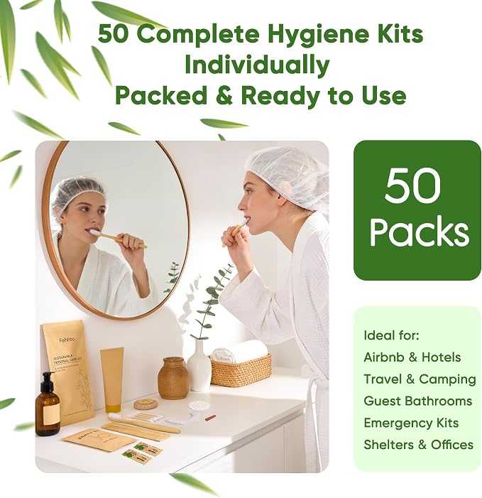 Personal Hygiene Kit Bulk 50 Sets, Travel Size Toiletry Kit for Guests, Disposable Bamboo Toothbrush, Toothpaste, and Vanity Set for Women and Men, Travel, Guest Care, Homeless Care Packages