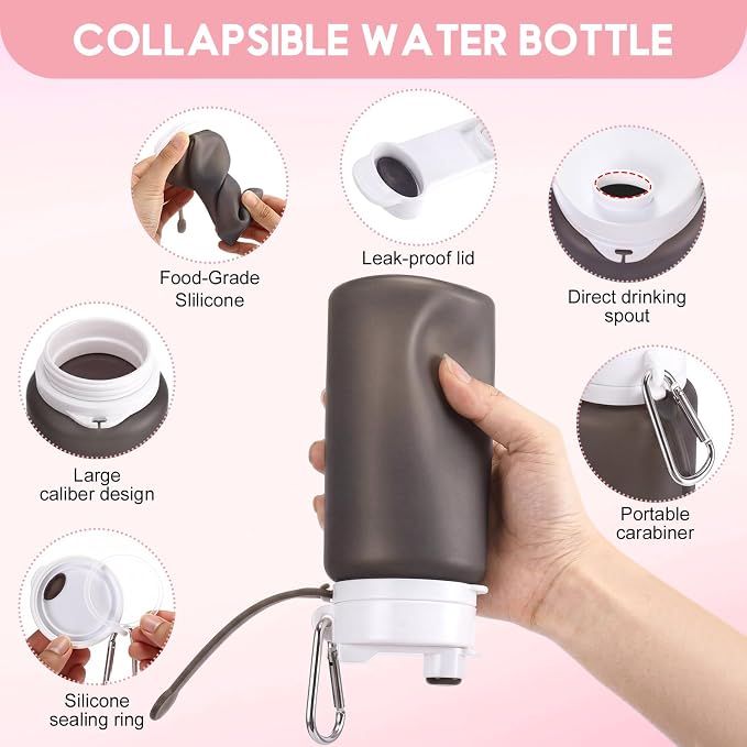 LemonRoad 2 Pcs 19 oz Silicone Collapsible Water Bottle Portable Foldable Water Bottle Leakproof with Carabiner Reusable Lightweight for Travel Sport Hiking Camping Cycling Office(Pink Gray)