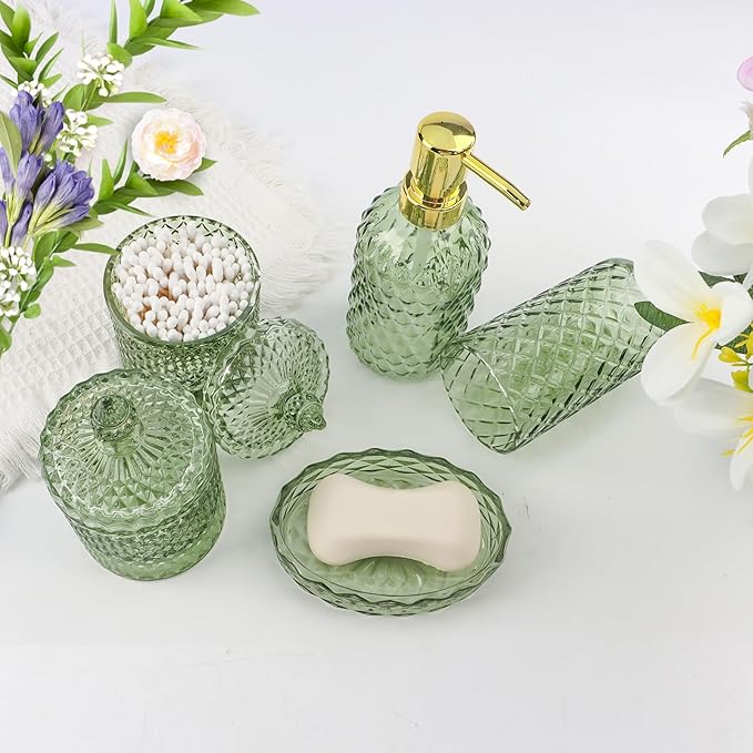 5Pcs Glass Bathroom Accessories Set,Green Vintage Bathroom Accessory Set, Bathroom Counter Sink Toothbrush Holder Set Includes 13.5oz Hand/Lotion Soap Dispenser & Tumbler & Soap Dish & Qtip Holders