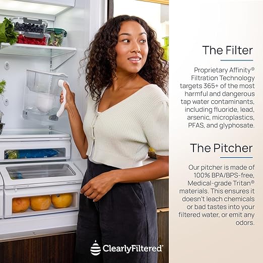 Clearly Filtered Filtered Water Pitcher - 80 Fl Oz, NSF Certified - Targets 365+ Contaminants - Fluoride, PFAS, Lead, Chlorine, Microplastics - BPA/BPS Free - 10 Cup Filter (Pitcher Includes 1 Filter)