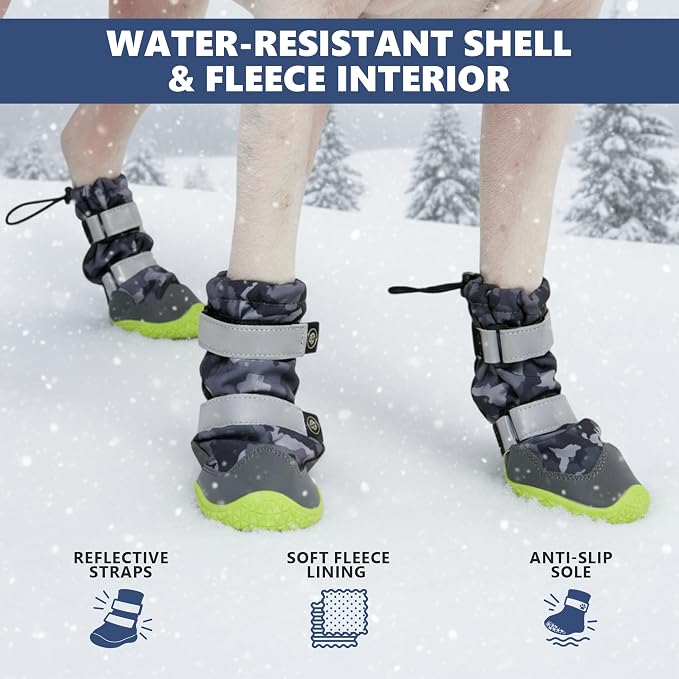 Spark Paws Dog Rainboots, Waterproof Dog Shoes for Medium to Large Dogs, Non Slip, Dog Booties and Paw Protectors - 4PCS Doggie Hiking Boots with Reflective Straps - Gray Camo, Size 6
