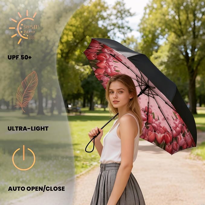 SIEPASA Compact Travel Umbrella - Windproof Auto Open/Close, Small Folding Umbrella for Rain & Sun with UPF50+ - Lightweight Frame, Waterproof - Fits Backpack, Purse, Suitcase.(Tulip)
