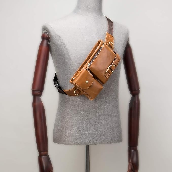 NIUCUNZH Cowhide Waist Fanny Pack-Genuine Leather and Slim with Adjustable Waistband Brown