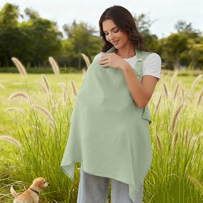 Muslin Nursing Cover for Baby Breastfeeding, Breathable 100% Cotton Breastfeeding Cover with Rigid Hoop for Mother Nursing Apron (Sage Green)