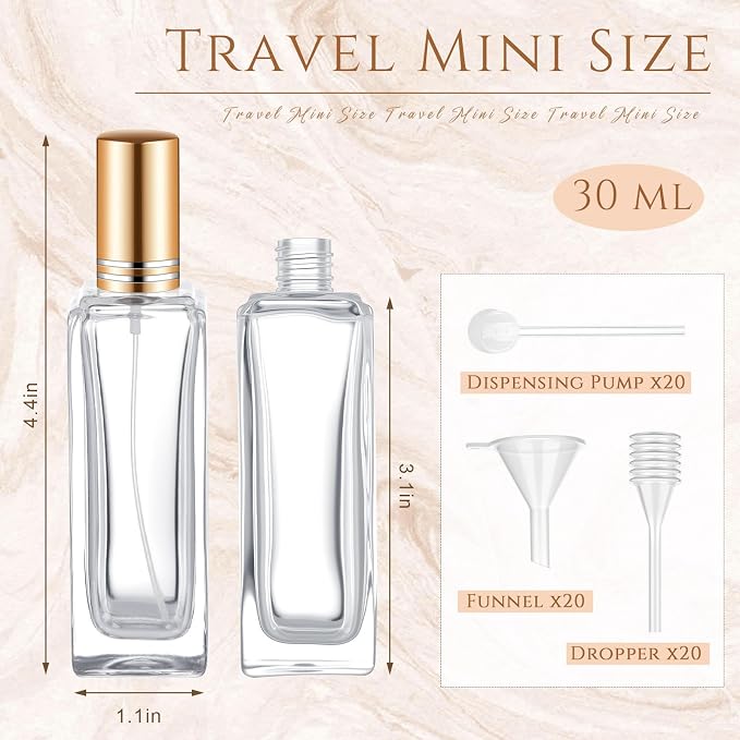 Domensi 60 Pcs 10/15/20/30 ml Perfume Travel Refillable Glass Bottles Spray Bottle Perfume Atomizer for Cologne Dispenser Leak-proof Fragrance Bottles Atomizer Pump Kit (30 ml,Gold)